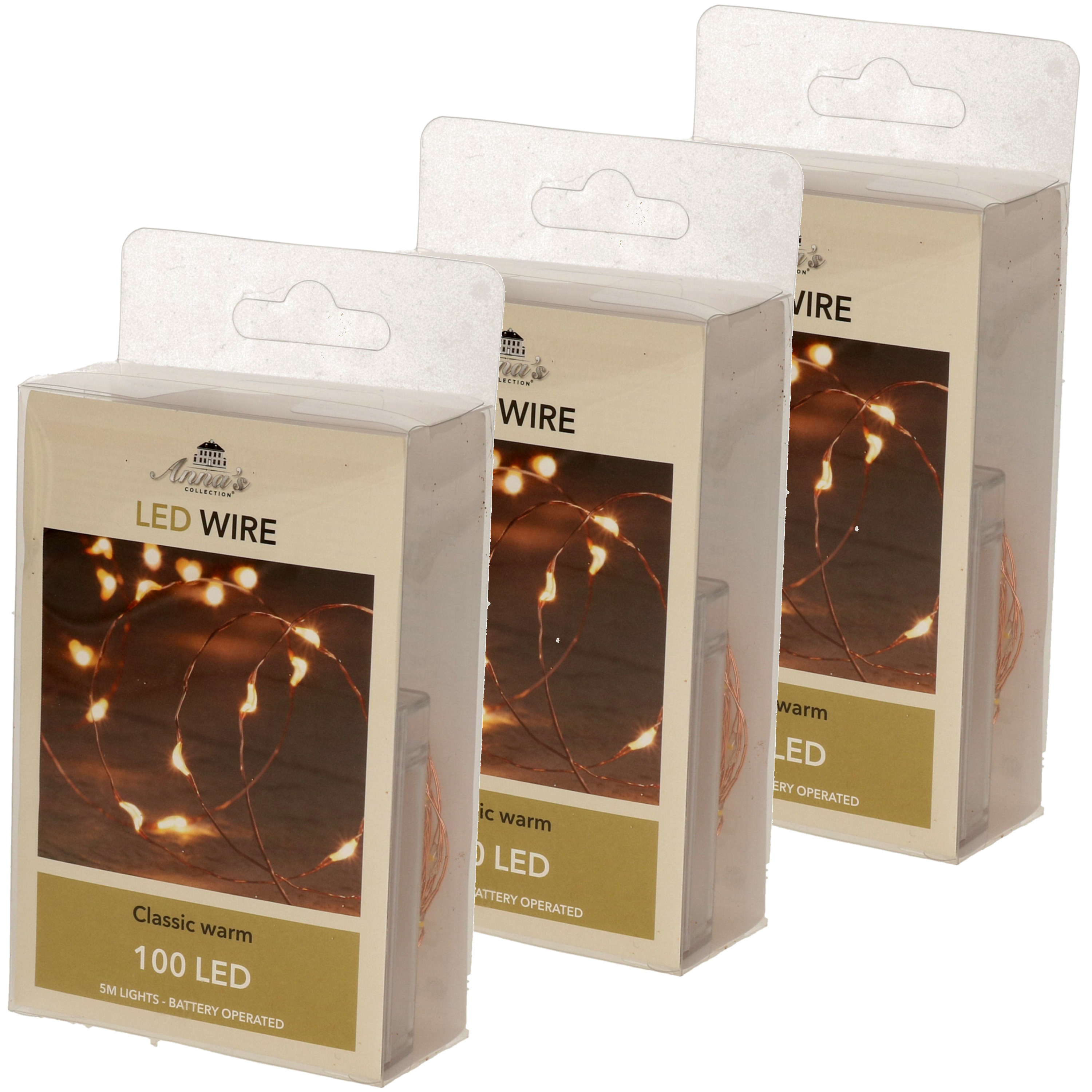 Set van 4x stuks draadverlichting lichtsnoer met 100 lampjes warm wit op batterij 500 cm -