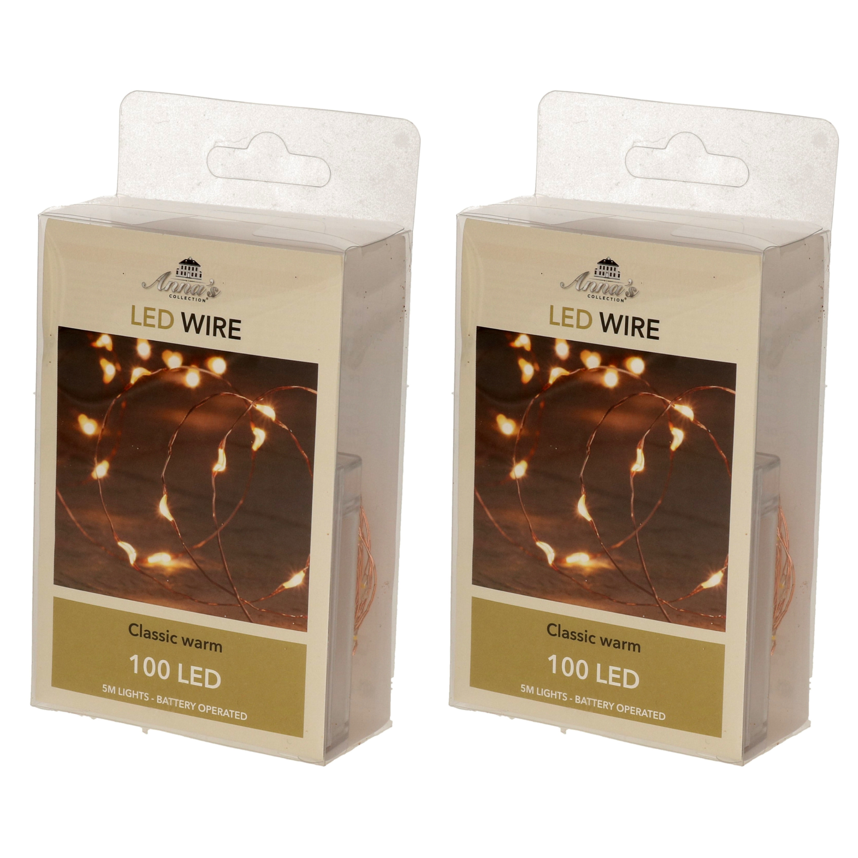 Set van 2x stuks draadverlichting lichtsnoer met 100 lampjes warm wit op batterij 500 cm -