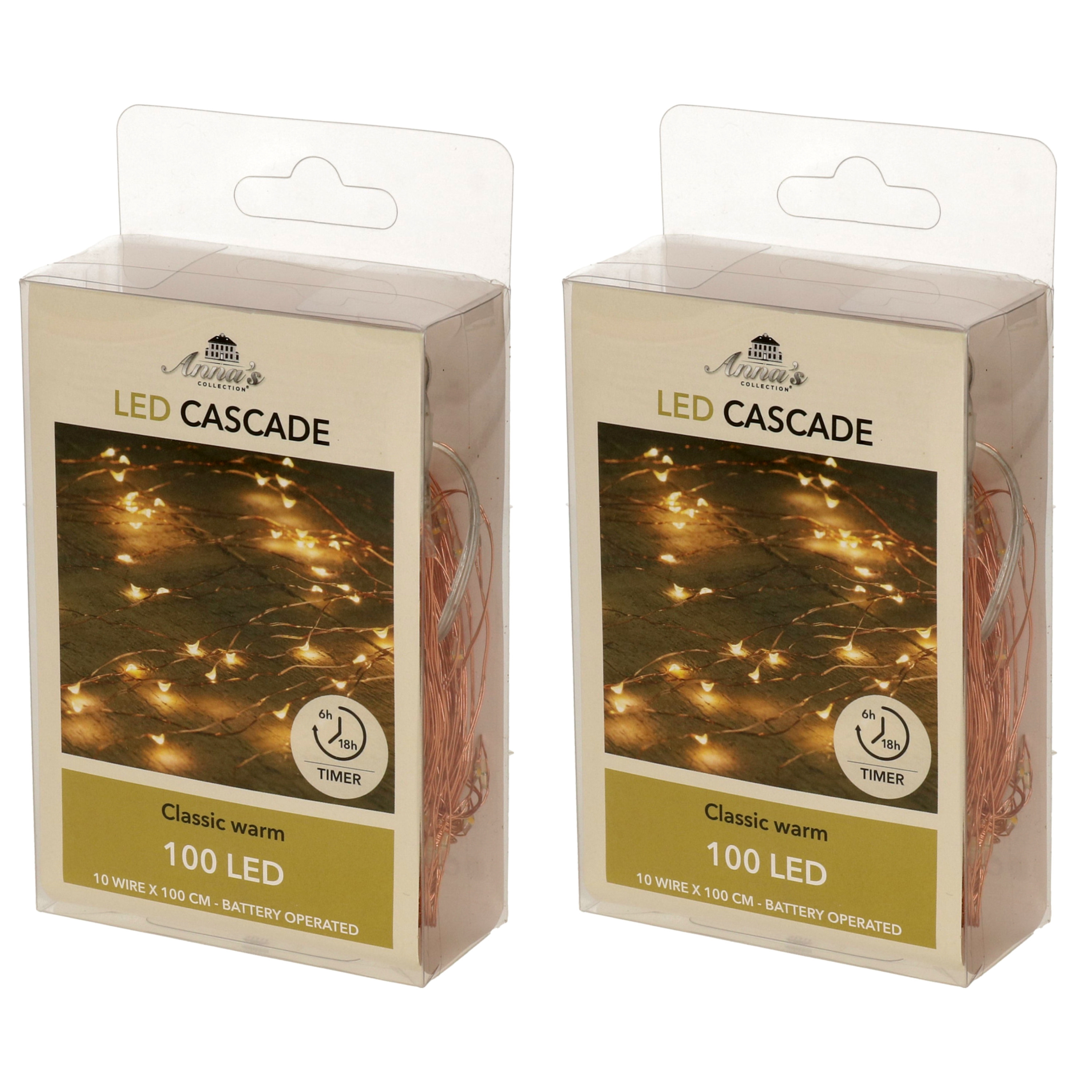 Set van 2x stuks cascade draadverlichting lichtsnoer met 100 lampjes warm wit op batterijen -