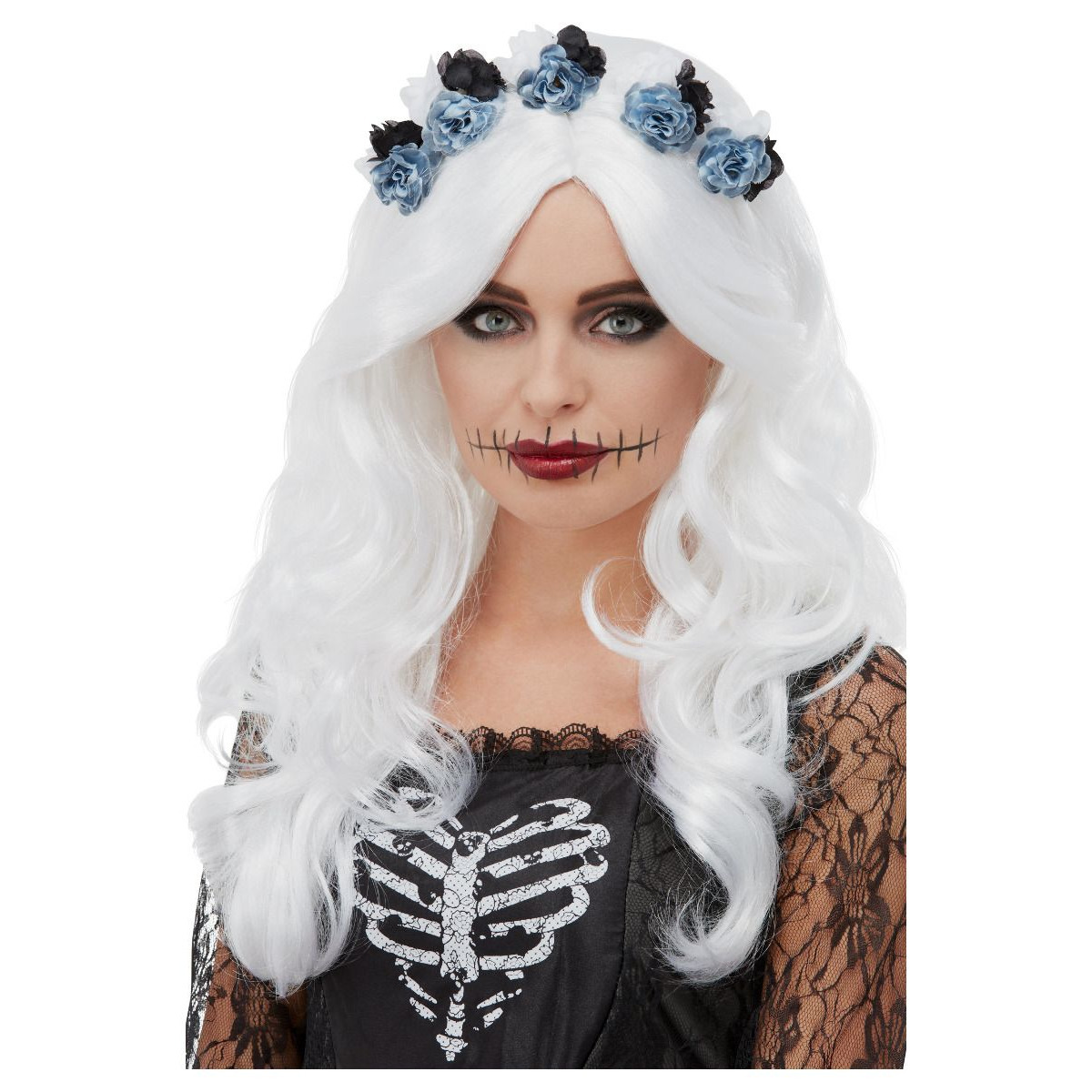Luxe Day of the Dead dames pruik wit met bloemen -