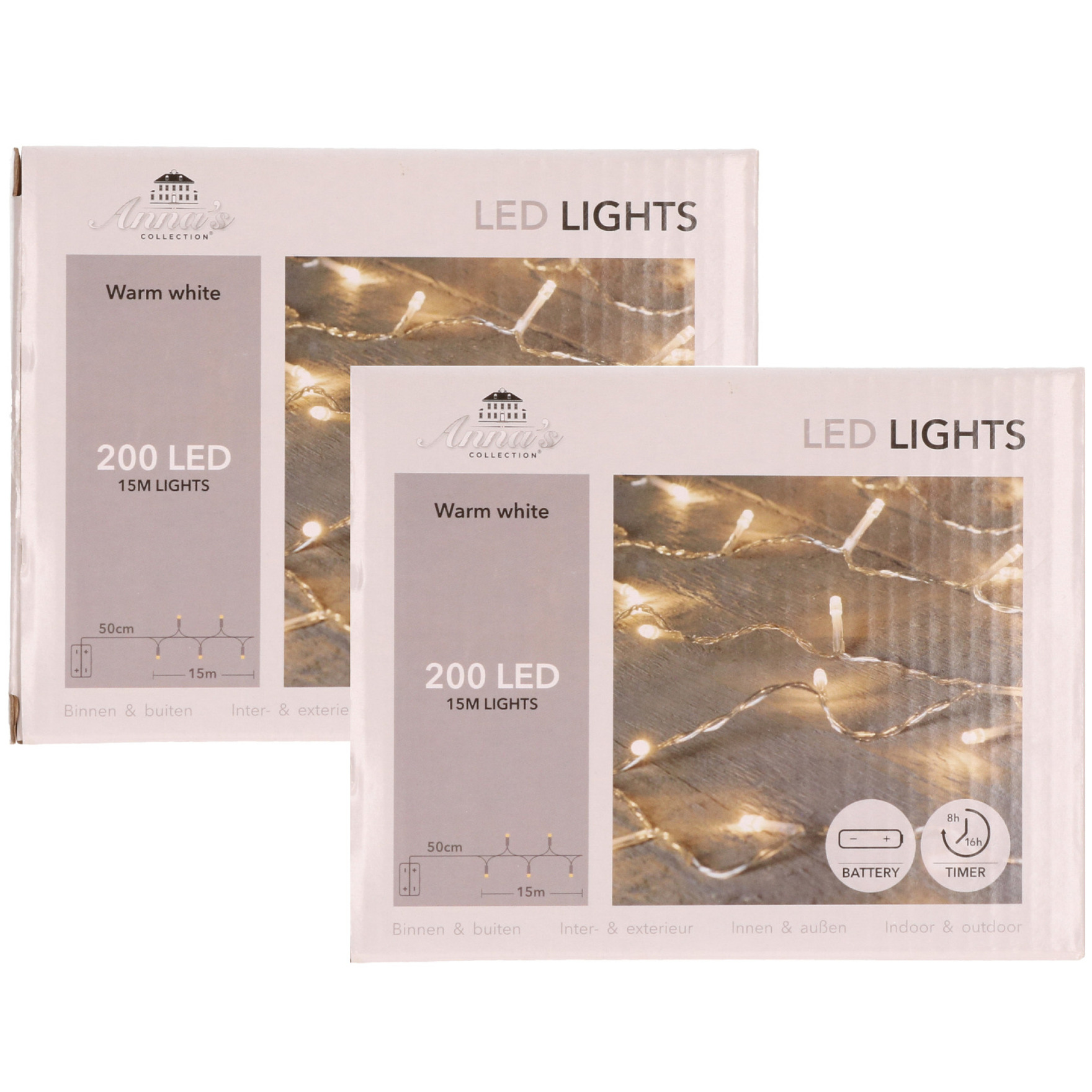 2x Kerstverlichting op batterij met timer warm wit 200 lampjes -