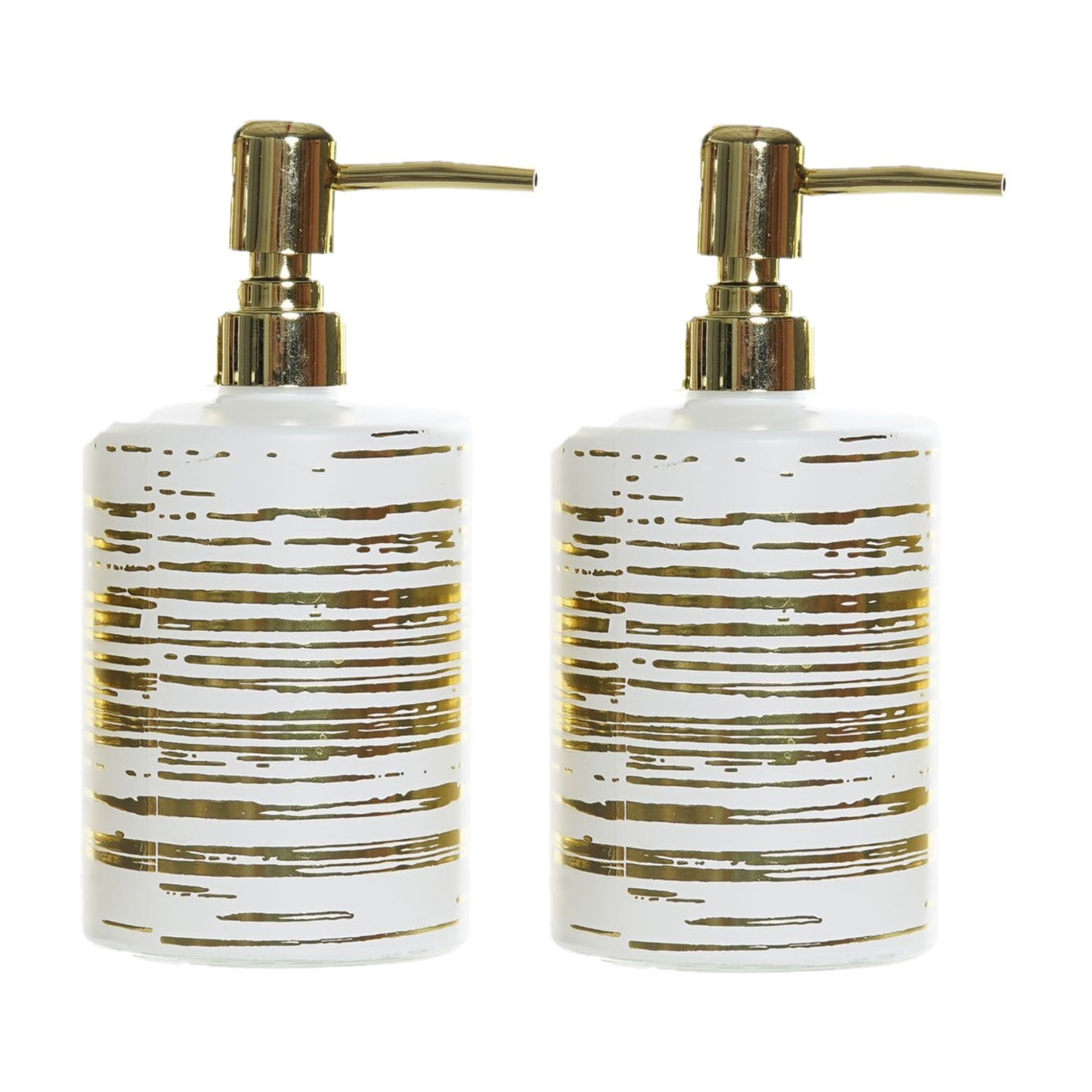 2x stuks zeeppompjes/zeepdispensers wit met gouden strepen van glas 450 ml -