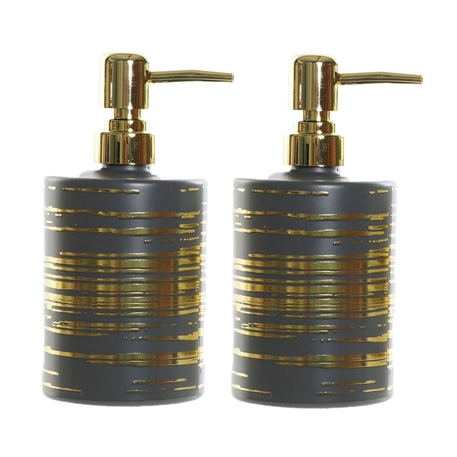 2x stuks zeeppompjes/zeepdispensers grijs met gouden strepen van glas 450 ml -