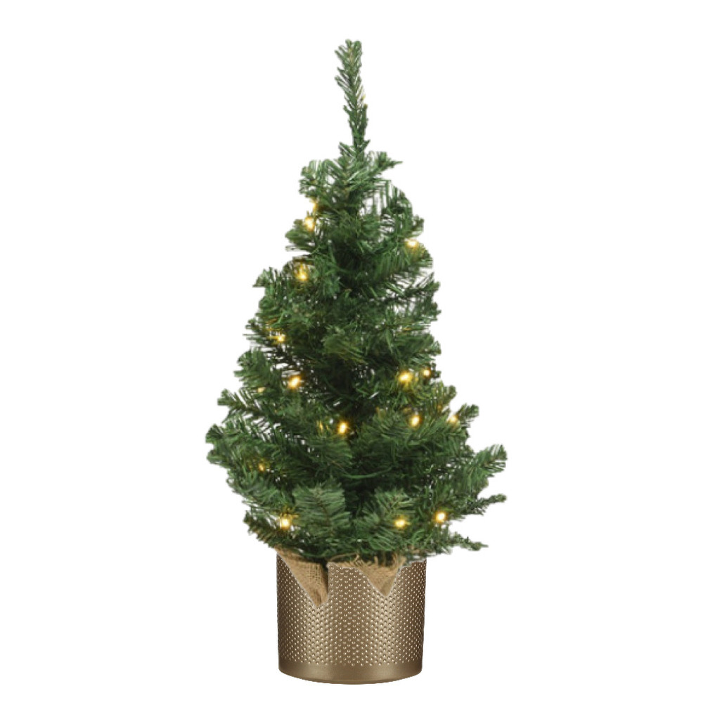 Kunst kerstboom - H75 cm - met verlichting - inclusief gouden pot - kunstboom -
