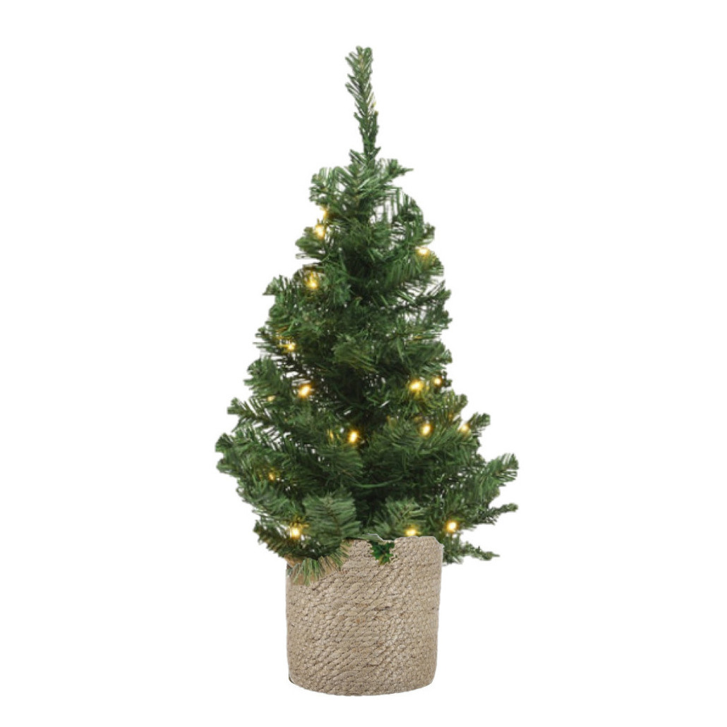 Kunst kerstboom/kunstboom 75 cm met verlichting inclusief naturel jute pot -
