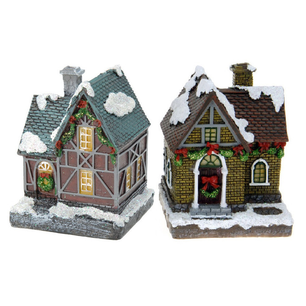 2x Kersthuisjes/kerstdorpje met verlichting 13 cm -