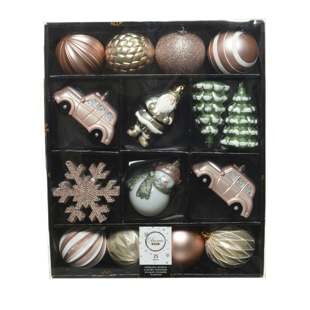 25x Kerstballen en kersthangers figuurtjes salie groen/parel/lichtroze/wit kunststof -