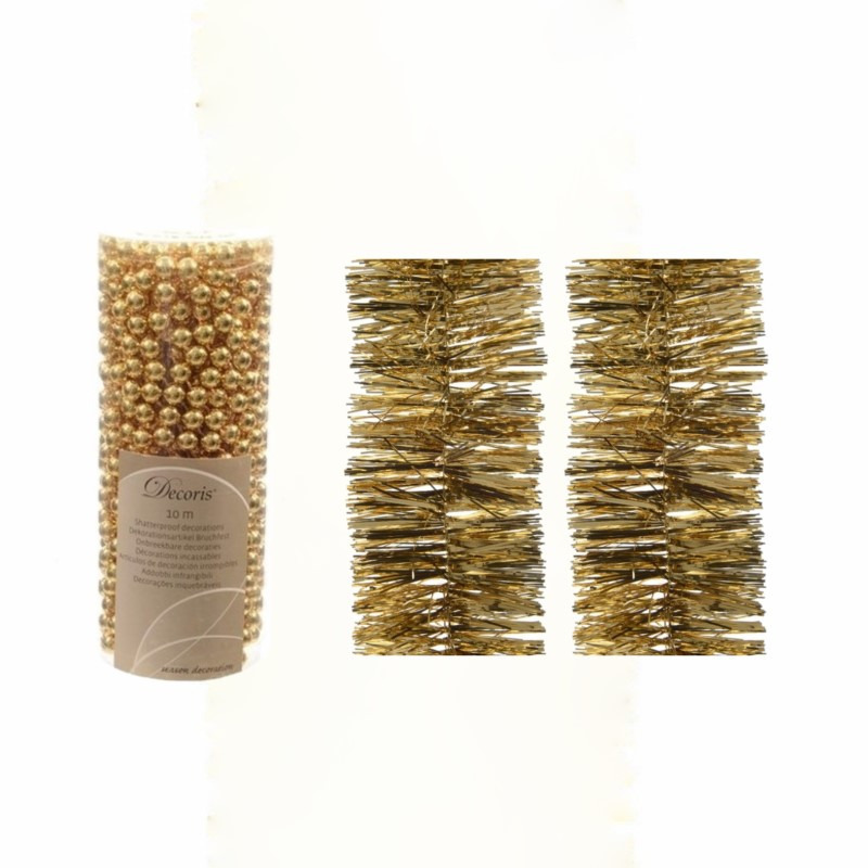 Kerstversiering set van 2x stuks folieslingers en 1x stuks kralenslingers goud -