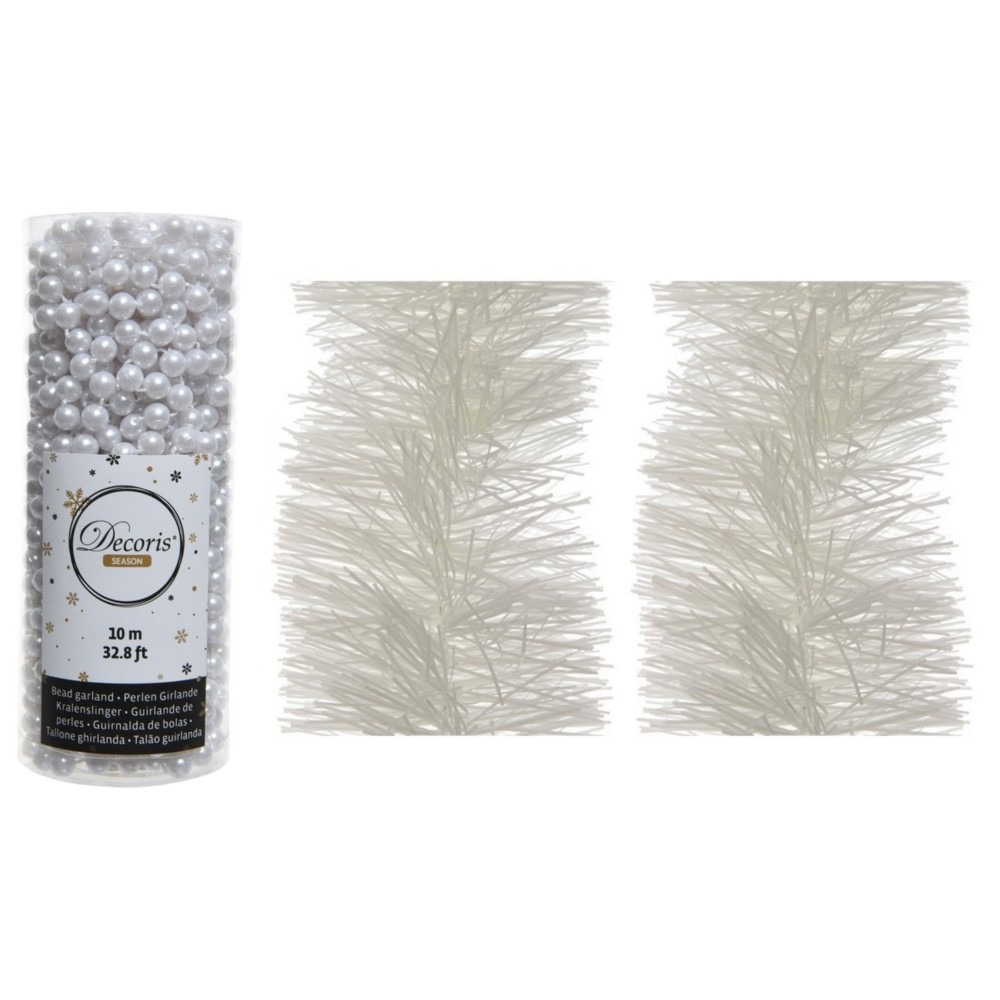 Kerstversiering set van 2x stuks folieslingers en 1x stuks kralenslingers winter wit -