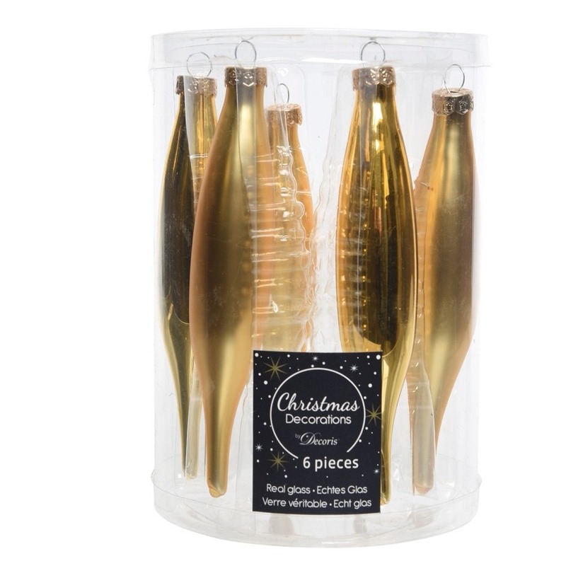 18x stuks glazen kersthangers ijspegels kerstballen goud 15 cm -