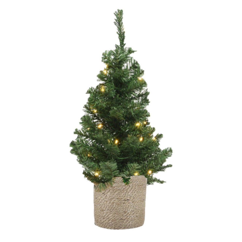 Kunstboom/kunst kerstboom groen 60 cm met verlichting en naturel jute pot -