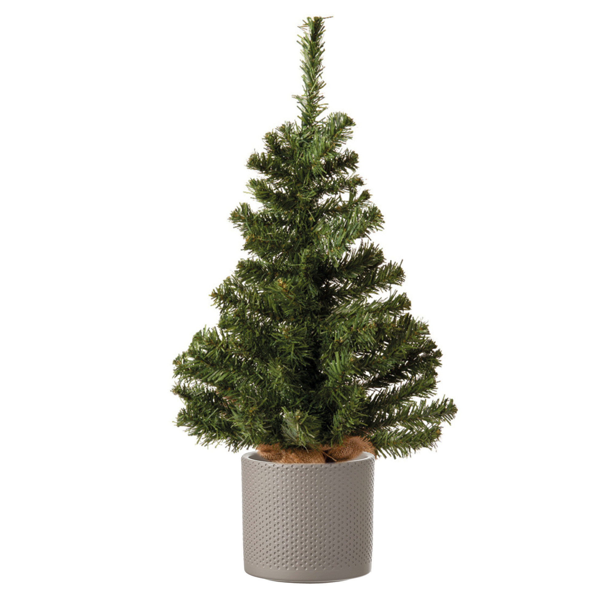 Volle mini kerstboom groen in jute zak 60 cm inclusief taupe pot -