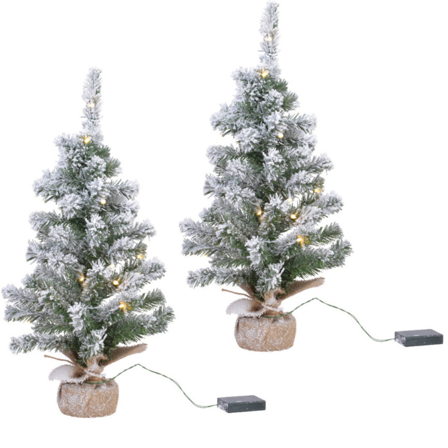 2x stuks kunstbomen/kunst kerstbomen met sneeuw en licht 90 cm -
