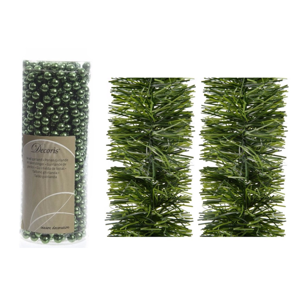 Kerstversiering set van 2x stuks folieslingers en 1x stuks kralenslingers donkergroen -