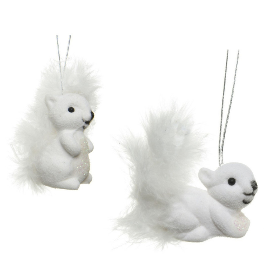 6x Kerstboomhangers witte eekhoorns 6 cm kerstversiering -