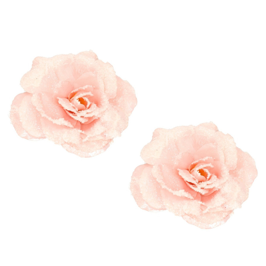 8x stuks roze rozen kerstversiering clip decoratie 12 cm -