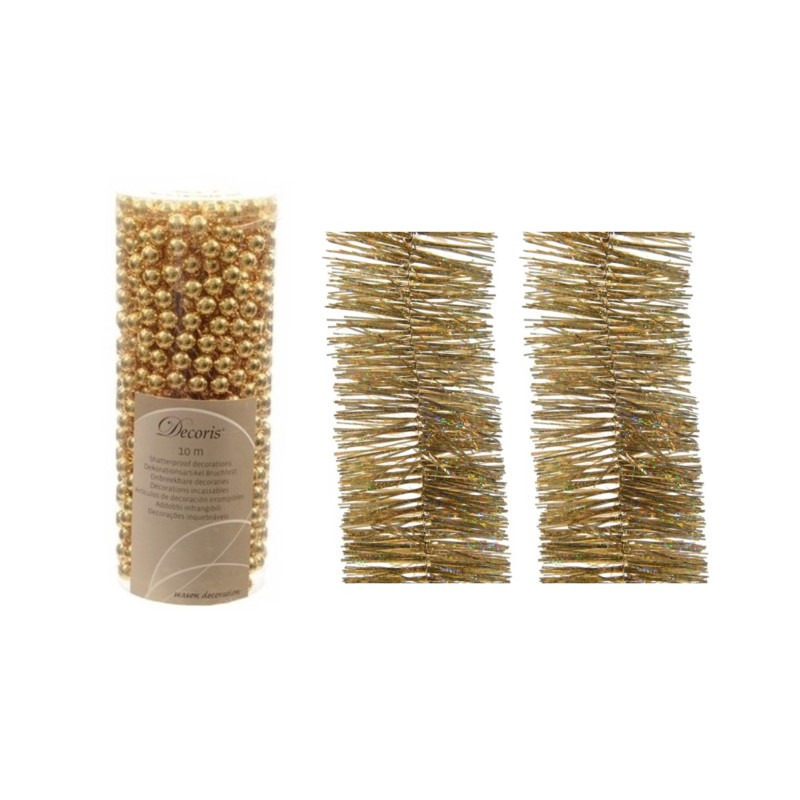 Kerstversiering set van 2x stuks folieslingers en 1x stuks kralenslingers goud glitter -
