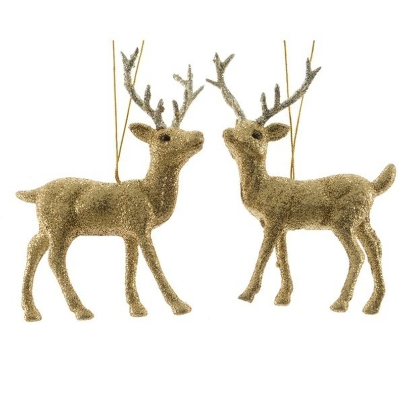 4x Kersthangers figuurtjes hert goud met glitters 12 cm -