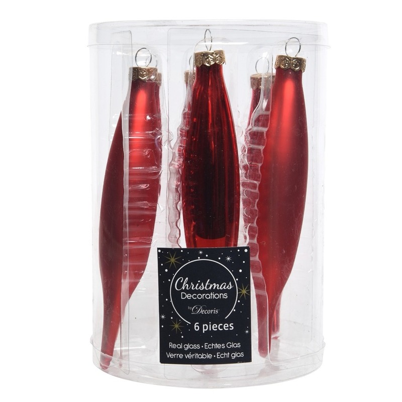 18x stuks glazen kersthangers ijspegels kerstballen rood 15 cm -