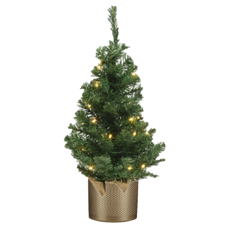 Kunstboom/kunst kerstboom groen 60 cm met verlichting en gouden pot -