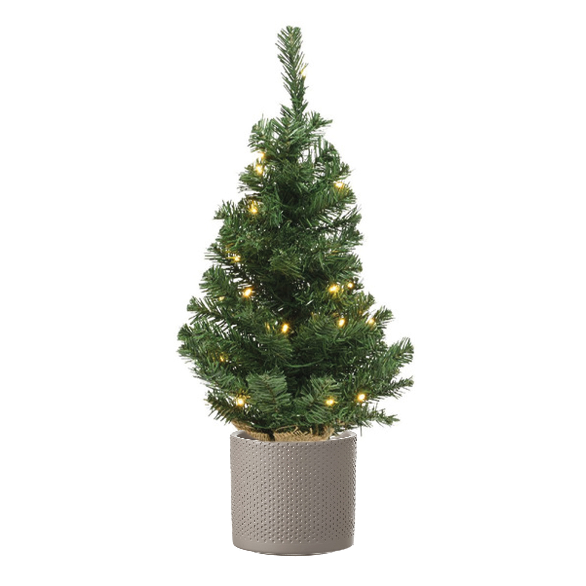 Volle mini kerstboom groen in jute zak met verlichting 60 cm en taupe pot -