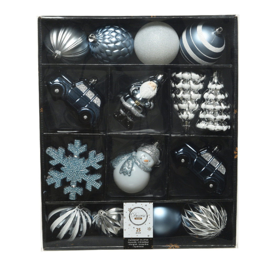 25x Kerstballen en kersthangers figuurtjes lichtblauw/wit kunststof -