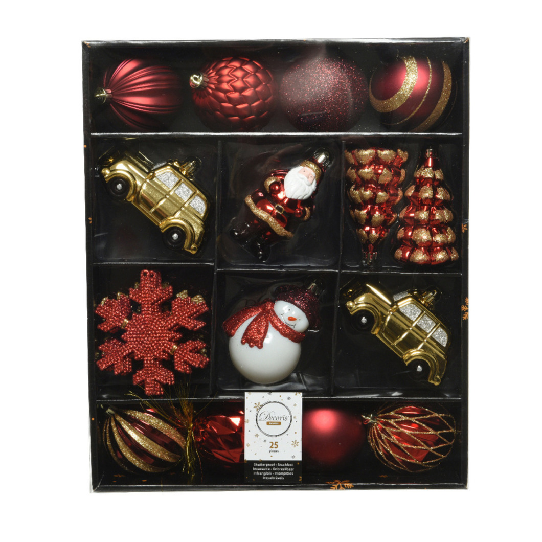 25x Kerstballen en kersthangers figuurtjes rood/goud kunststof -