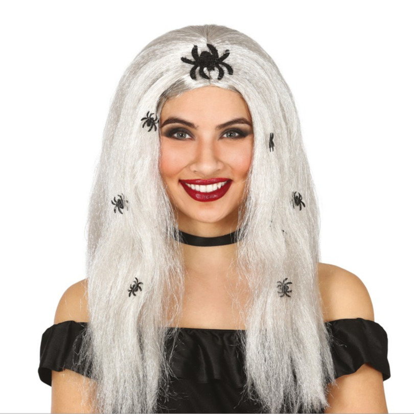 Horror verkleed pruik met zwarte spinnen voor dames - Halloween heksen accessoires - Grijs -
