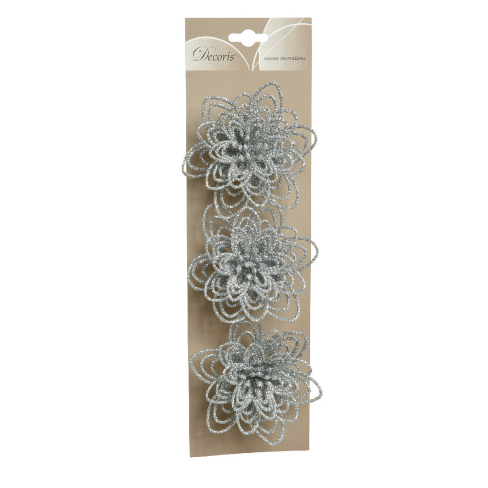 Decoratie bloemen - 3x - zilver glitter - op clip - 11 cm -