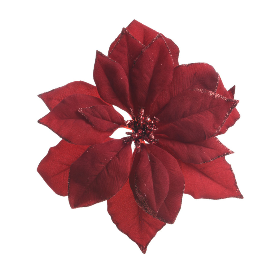 1x stuks decoratie bloemen kerstster rood glitter op clip 24 cm -