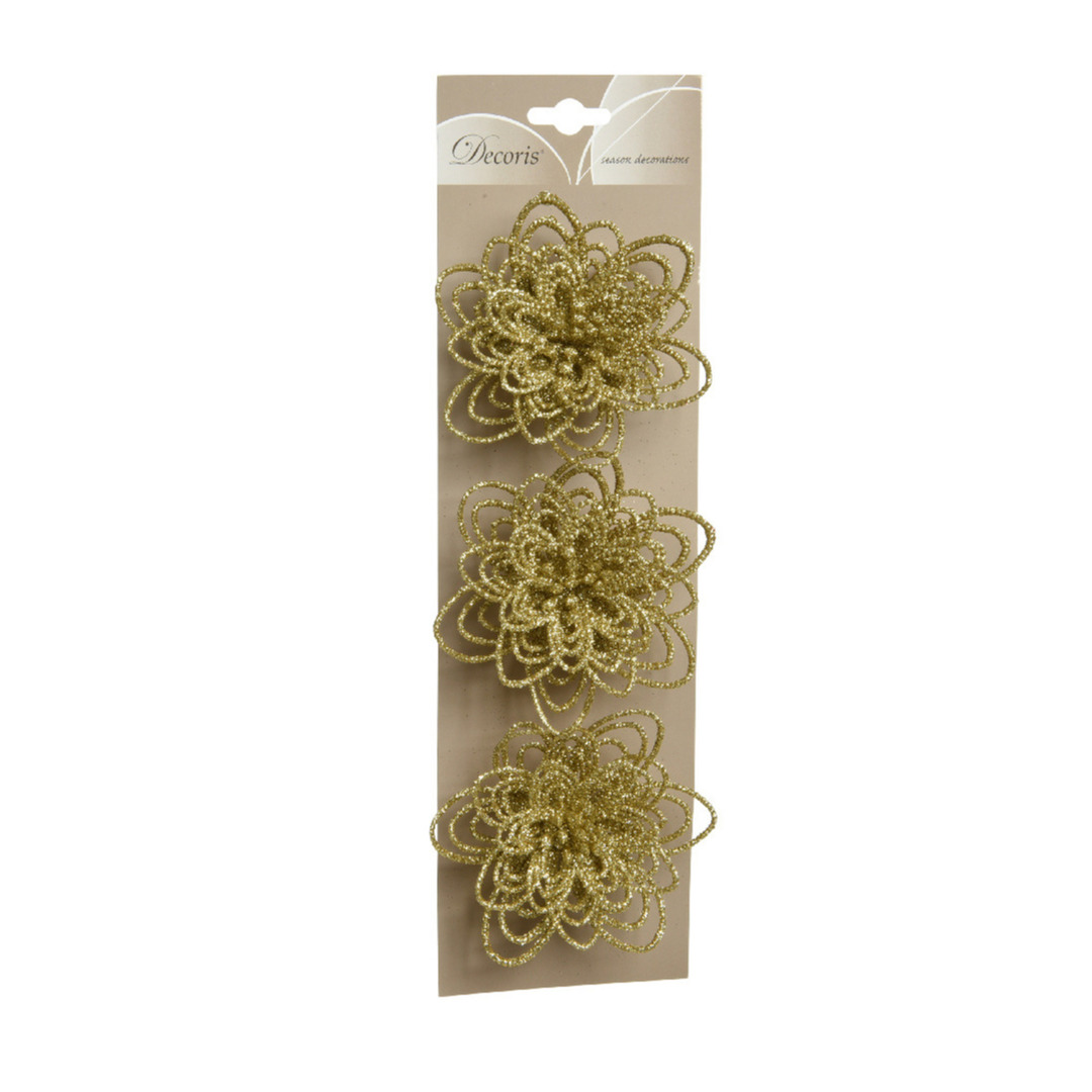 Decoratie bloemen - 3x - goud glitter - op clip - 11 cm -