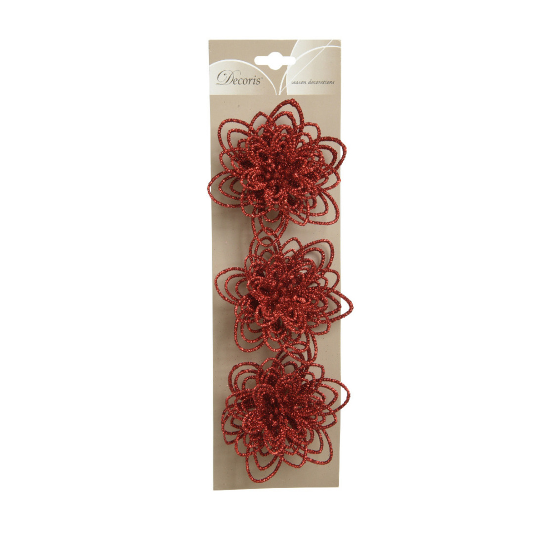 3x stuks decoratie bloemen rood glitter op clip 11 cm -