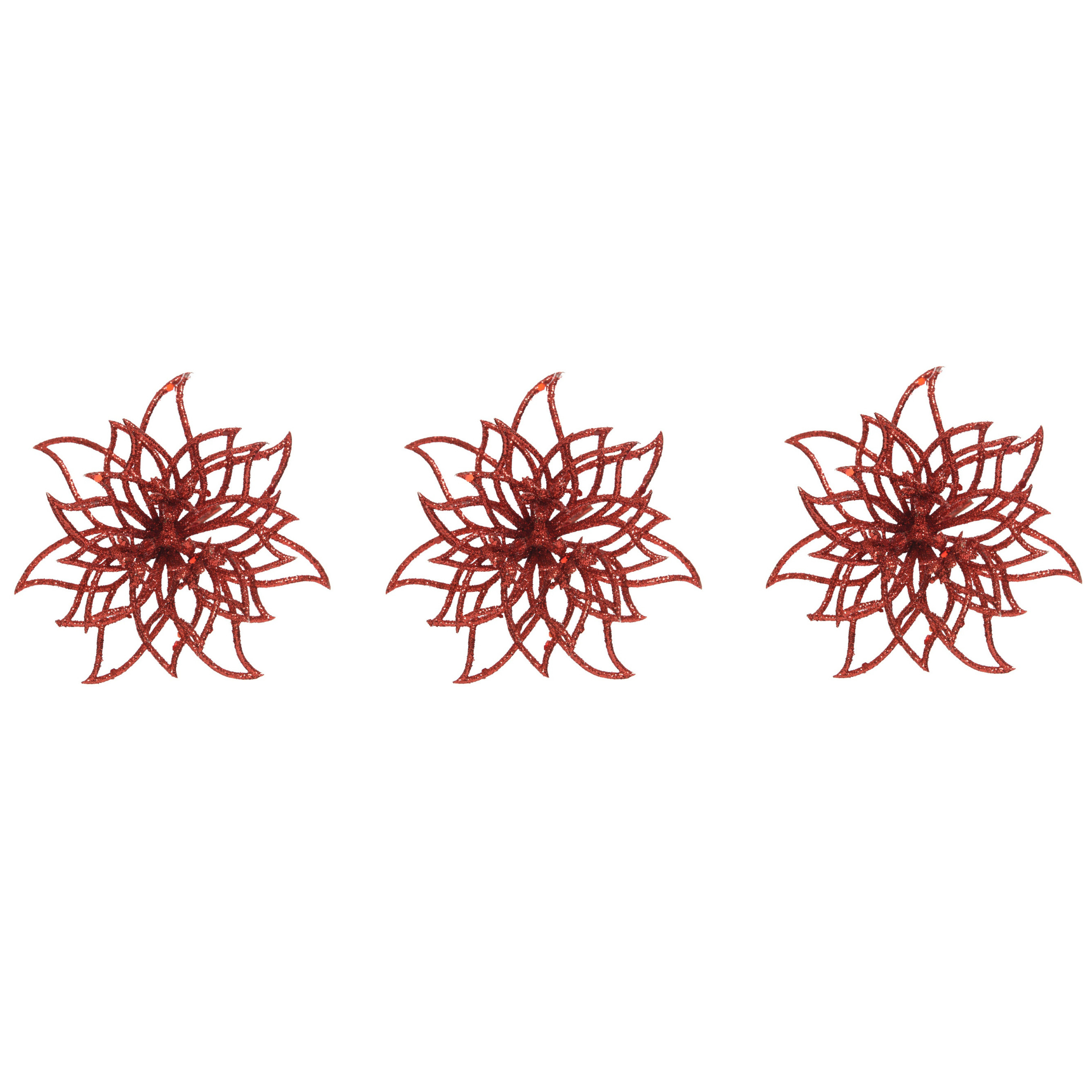 10x stuks decoratie bloemen kerstster rood glitter op clip 14 cm -