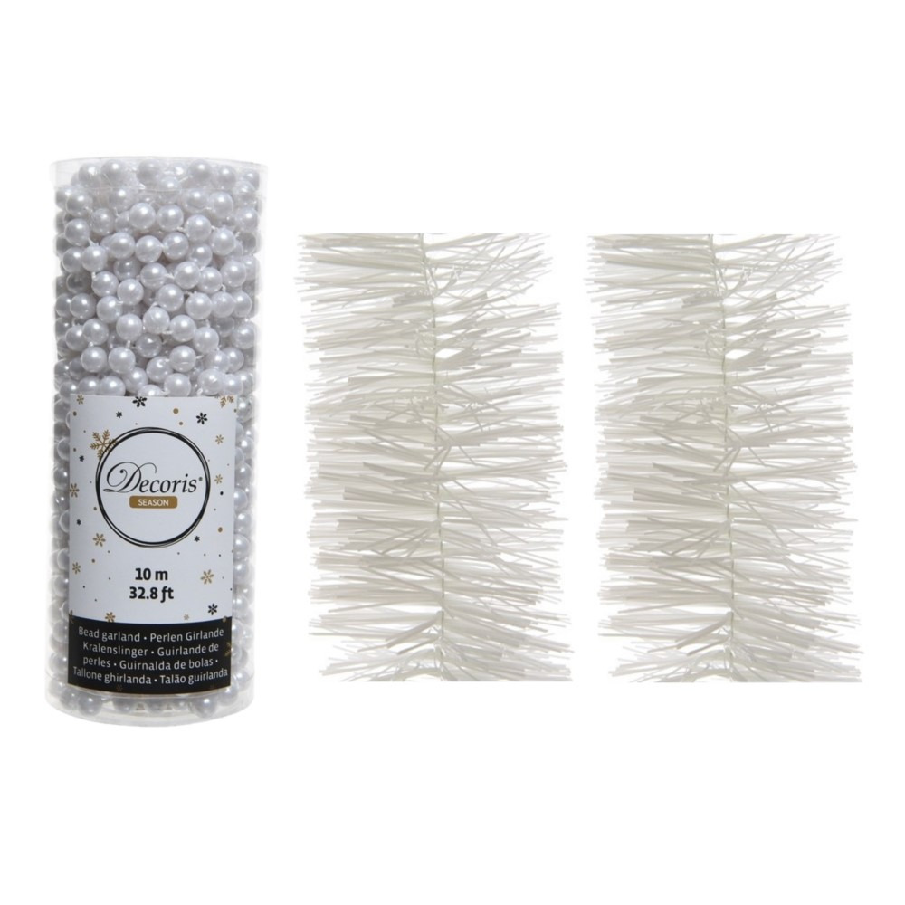 Kerstversiering set van 2x stuks folieslingers en 1x stuks kralenslingers wit -