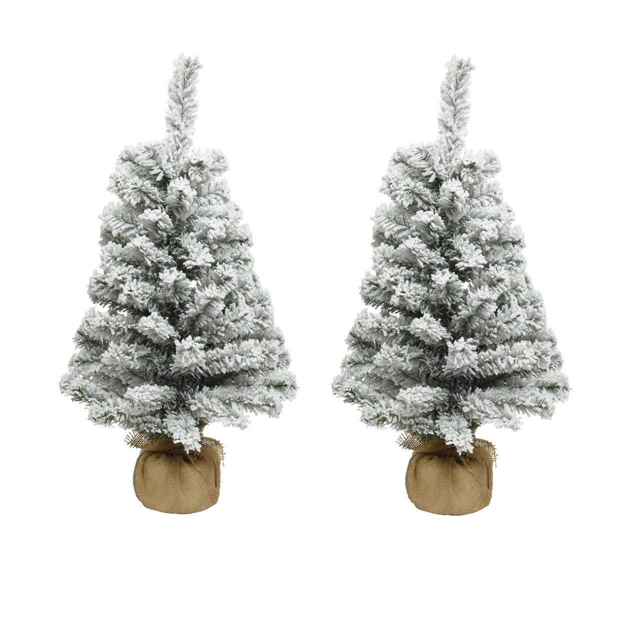 Everlands kunst kerstboom - 2x stuks - H60 cm - met sneeuw - kunstboom - jute zak - Imperial -