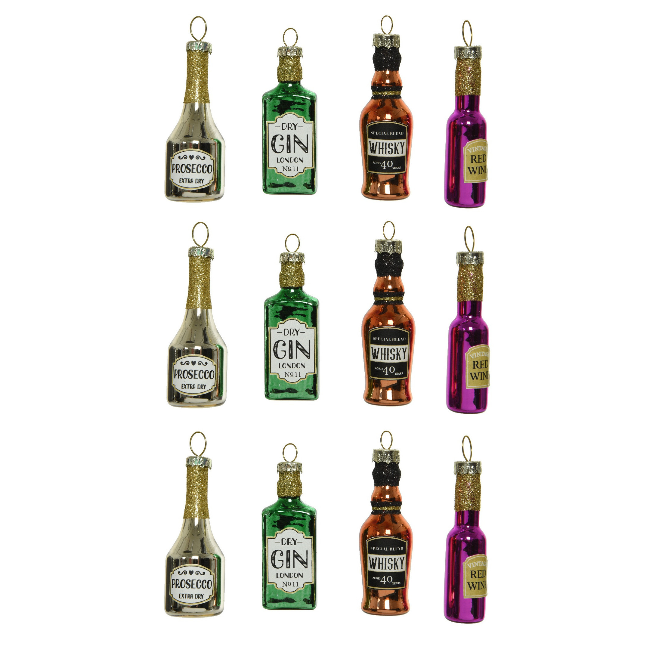 12x stuks glazen kersthangers flessen drank 6,5 cm kerstornamenten -