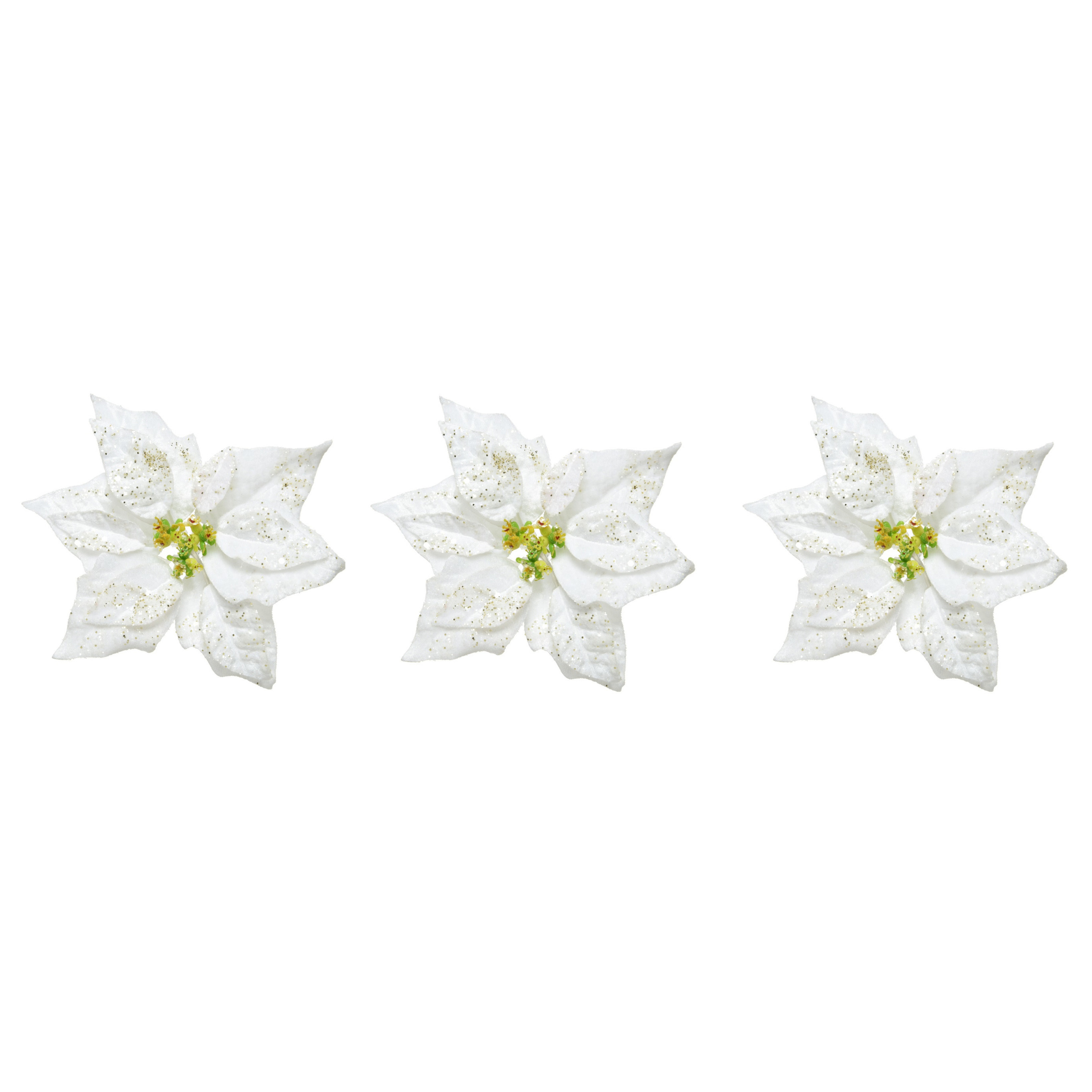 10x stuks decoratie bloemen kerstster wit glitter op clip 20 cm -