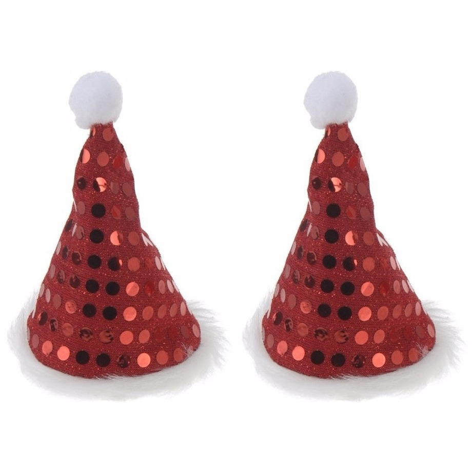 4x stuks mini kerstmutsjes met pailletten op clip -