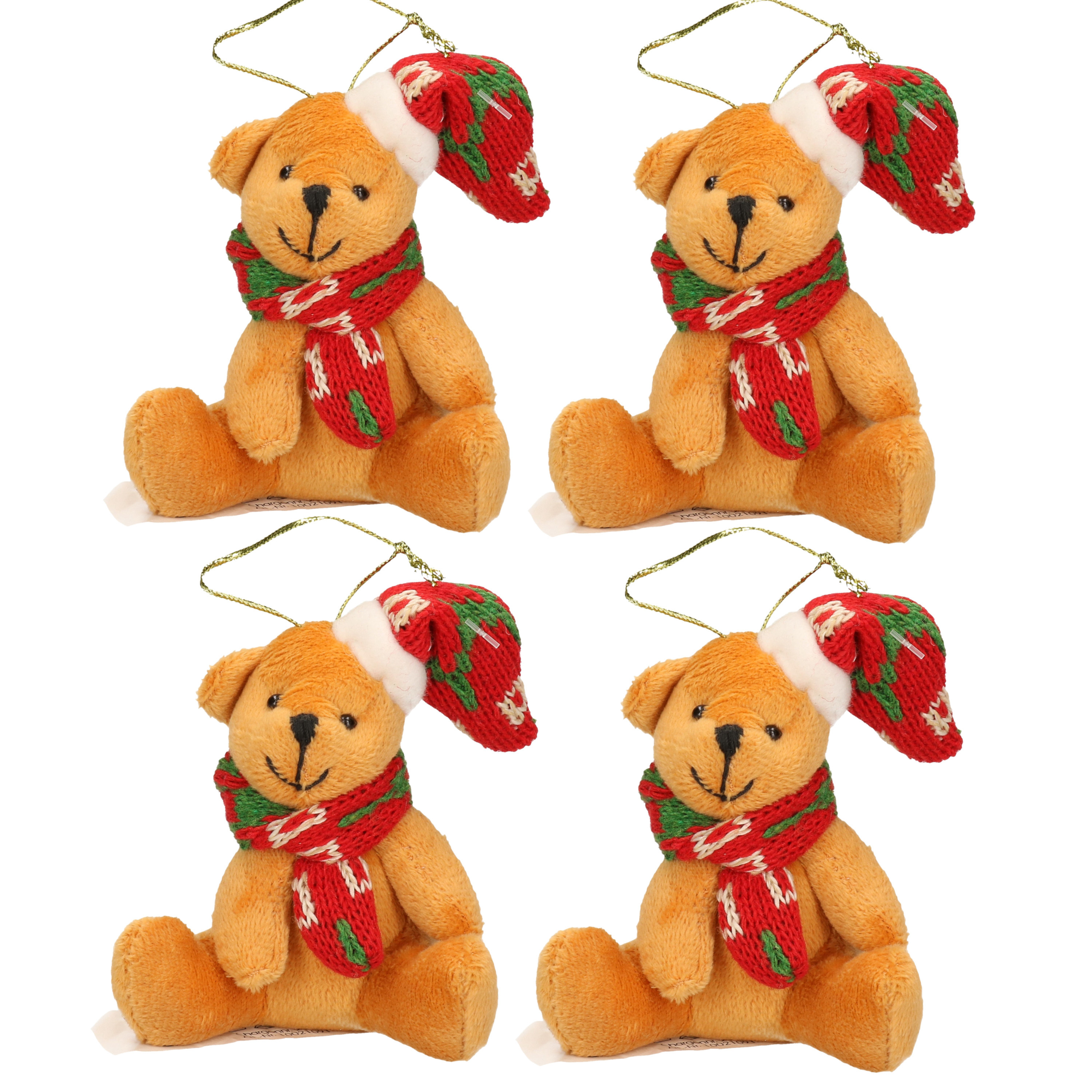 5x Kersthangers knuffelbeertjes beige met gekleurde sjaal en muts 7 cm -