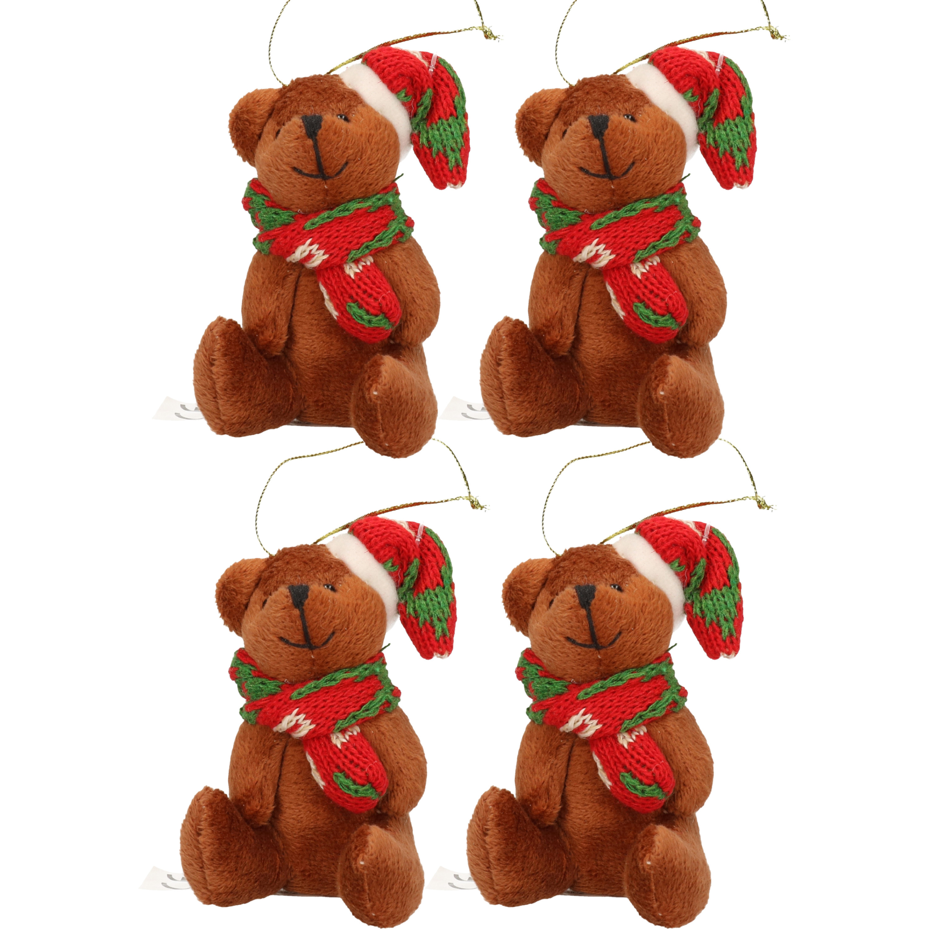 5x Kersthangers knuffelbeertjes bruin met gekleurde sjaal en muts 7 cm -