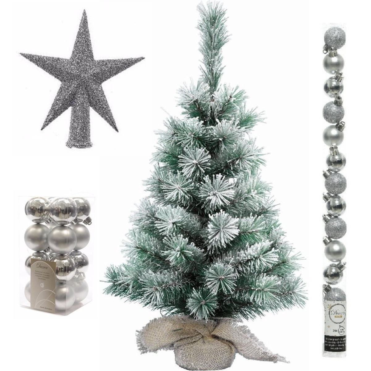 Kunst kerstboom met sneeuw 60 cm in jute zak inclusief zilveren versiering 31-delig -
