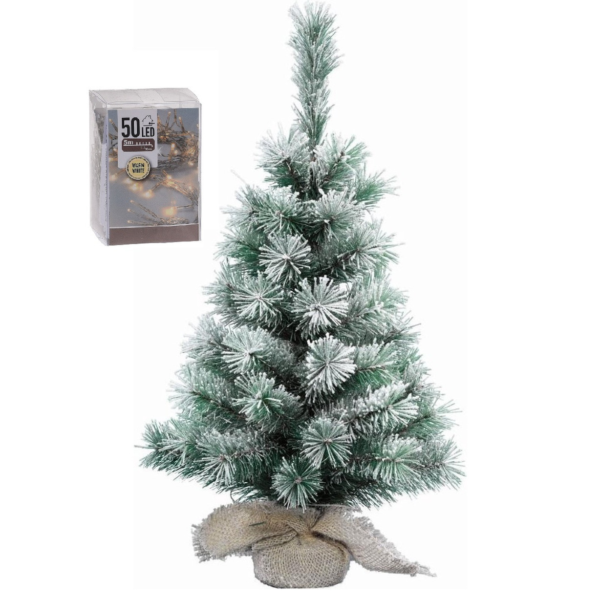 Kunst kerstboom - besneeuwd - H60 cm - met kerstverlichting - warm wit - kunstboom - jute zak -