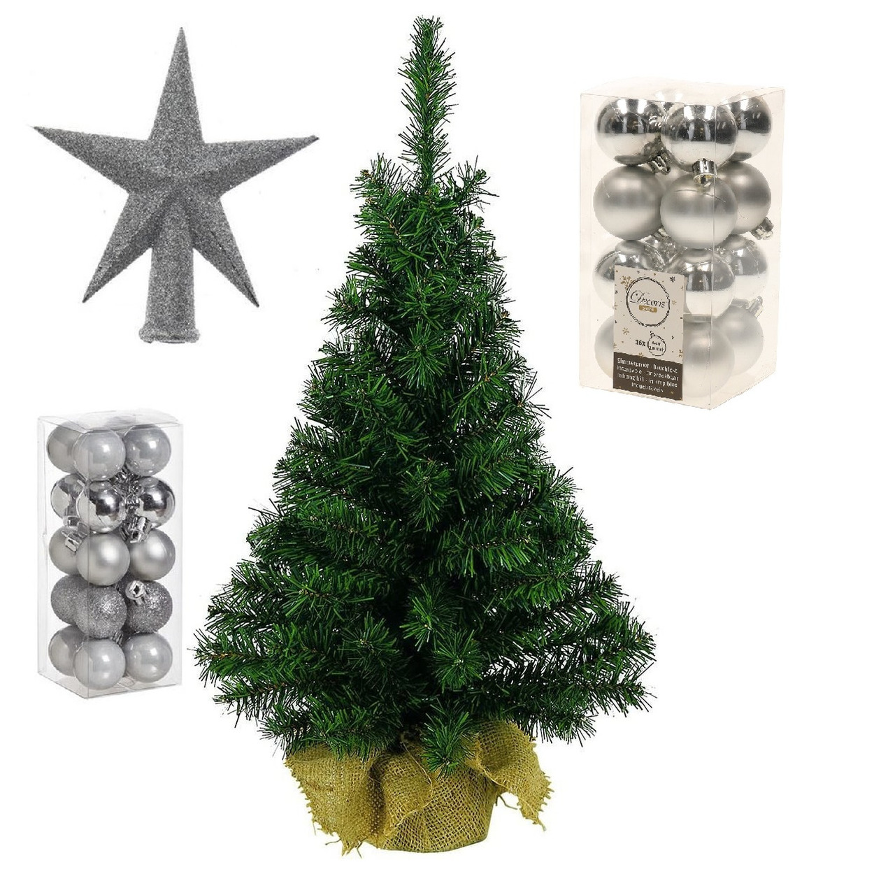 Volle kunst kerstboom 75 cm in jute zak inclusief zilveren versiering 37-delig -