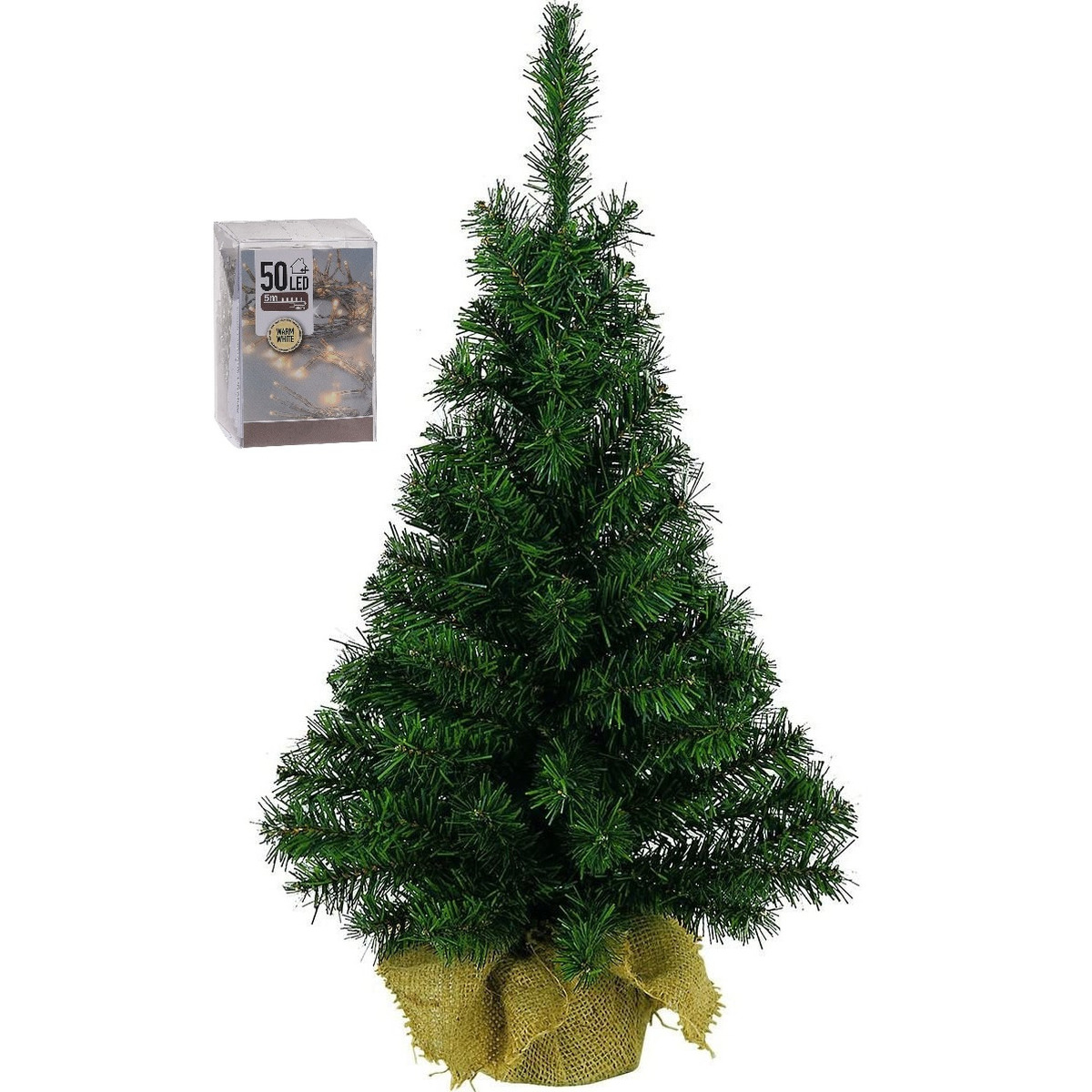 Kunst kerstboom - H75 cm - met kerstverlichting - warm wit - kunstboom - jute zak -