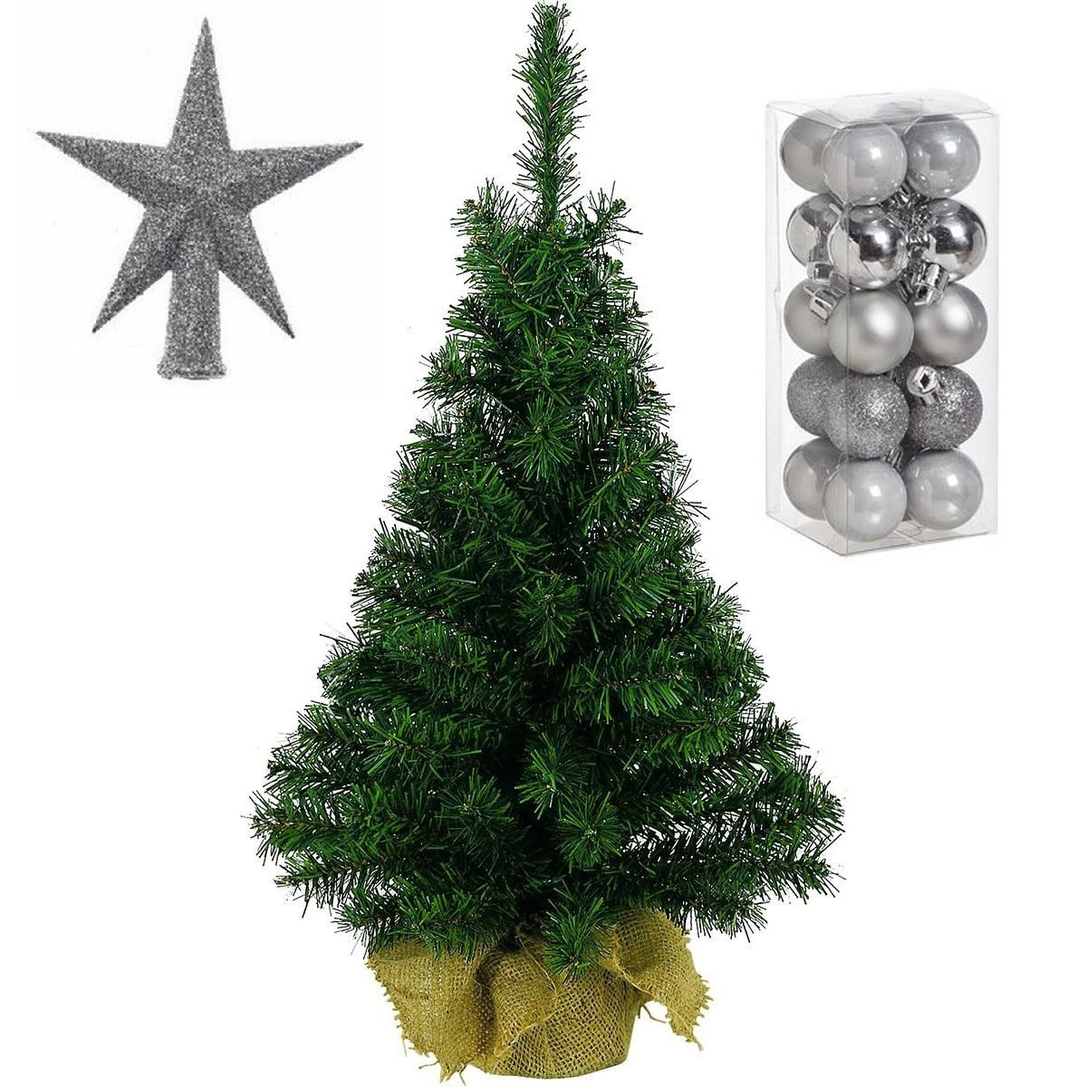 Volle kunst kerstboom 35 cm in jute zak inclusief zilveren versiering 21-delig -