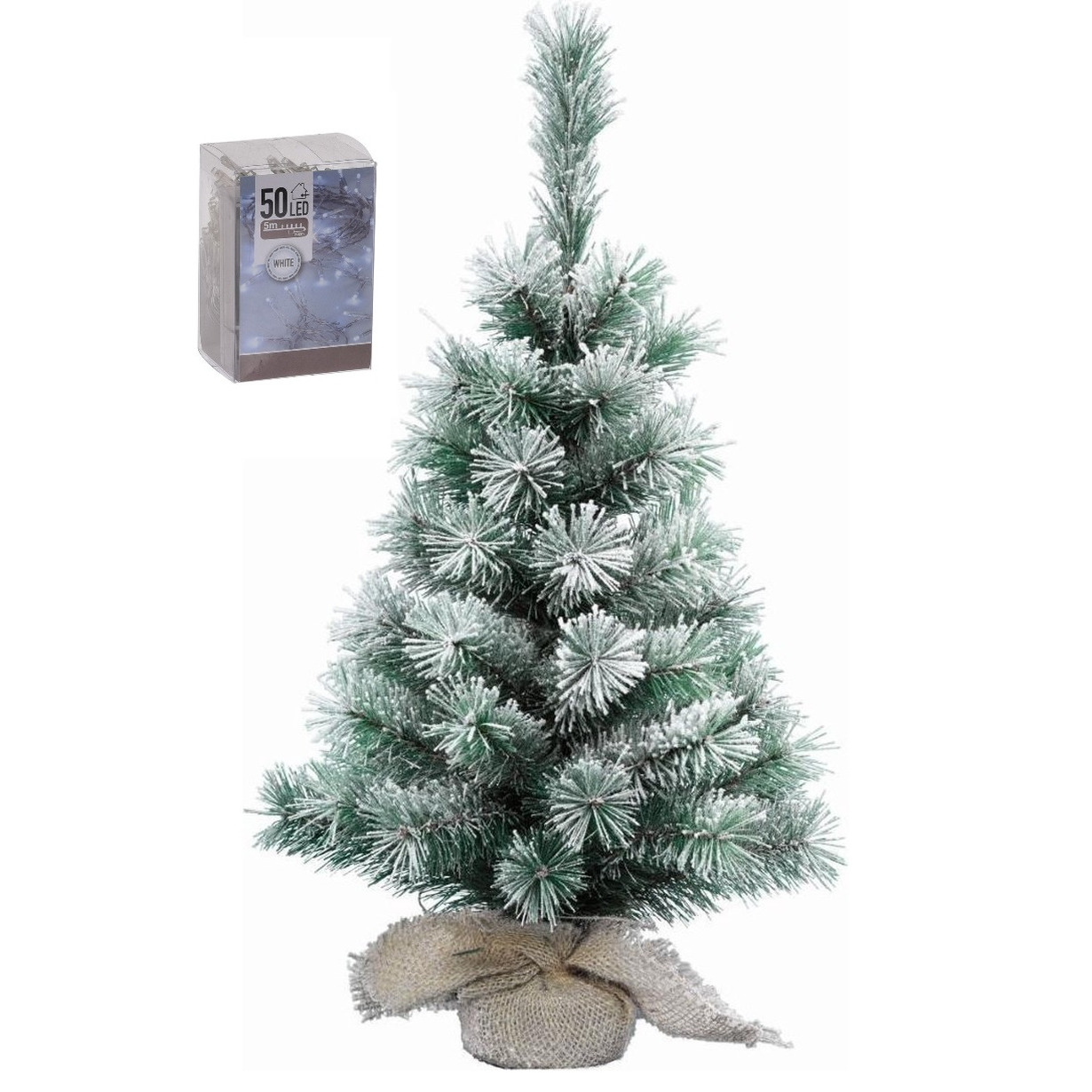 Kunst kerstboom met sneeuw 60 cm in jute zak inclusief 50 helder witte lampjes -