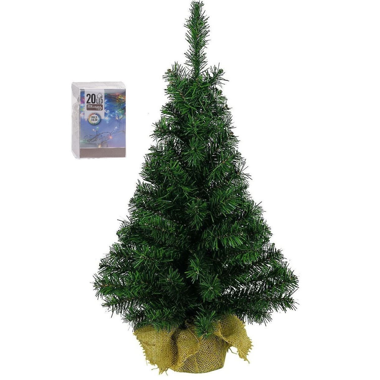 Volle kunst kerstboom 45 cm in jute zak inclusief 20 gekleurde lampjes -