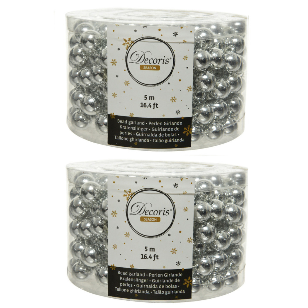 2x stuks kralenslinger kerstboom slingers/guirlandes zilver 5 meter x 1,4 cm -
