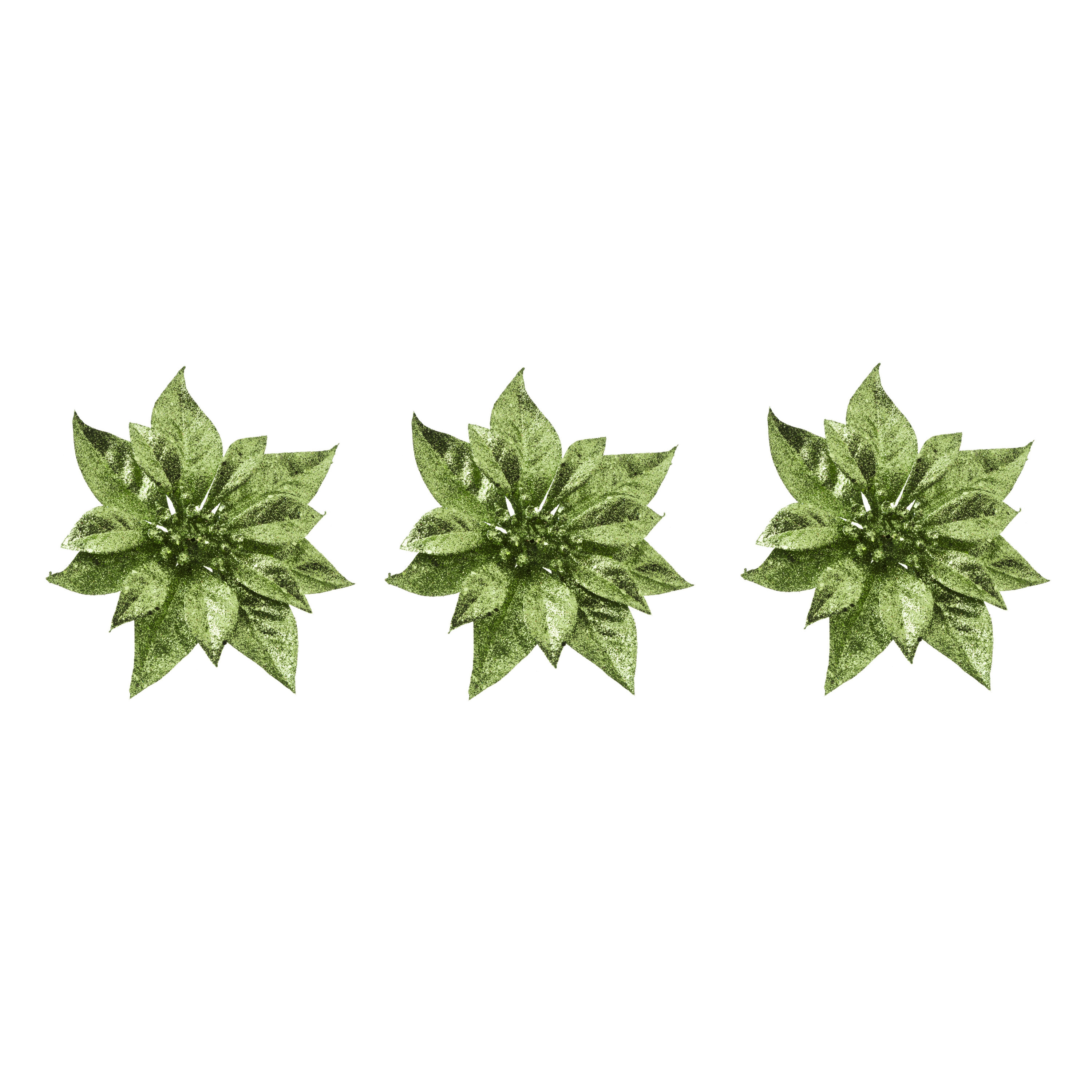 10x stuks decoratie bloemen kerstster groen glitter op clip 18 cm -
