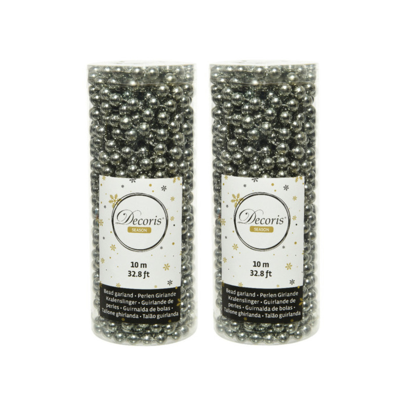 2x stuks kerstboom kralenslingers antraciet (warm grey) 10 meter kerstslingers -